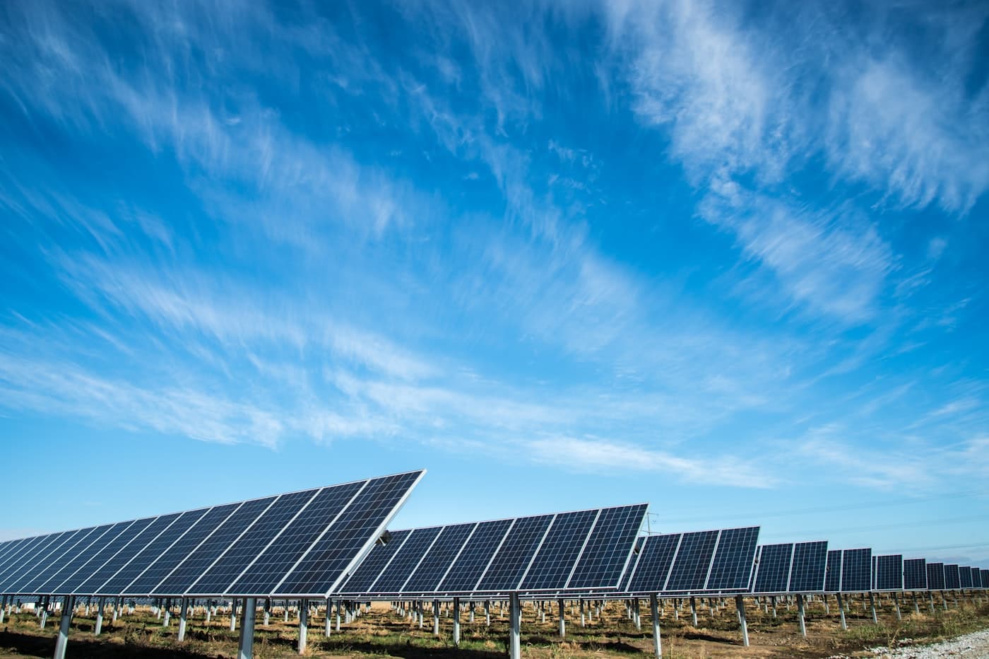 Rows of solar panels tracking the sun across an open field